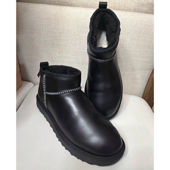 UGG Black Classic Ultra Mini Boots Regen Leather Winter Boots Men Size 8 - Picture 4 of 10